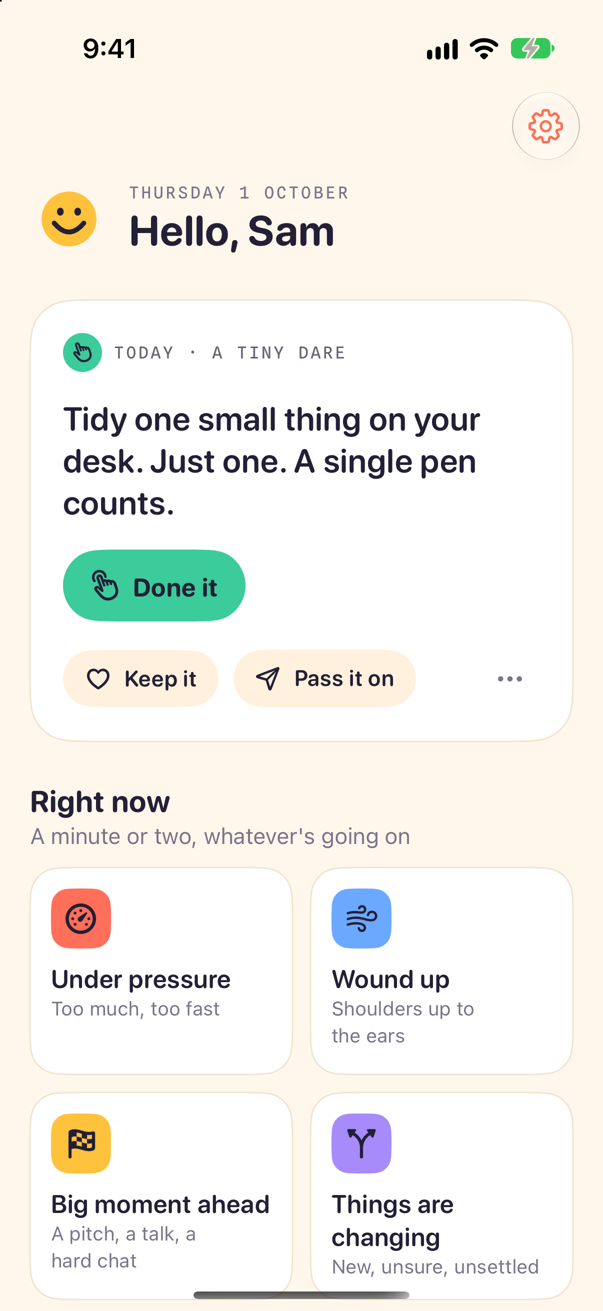 Grinly's home screen: a greeting above today's card, a tiny dare, and the Right now tiles below.